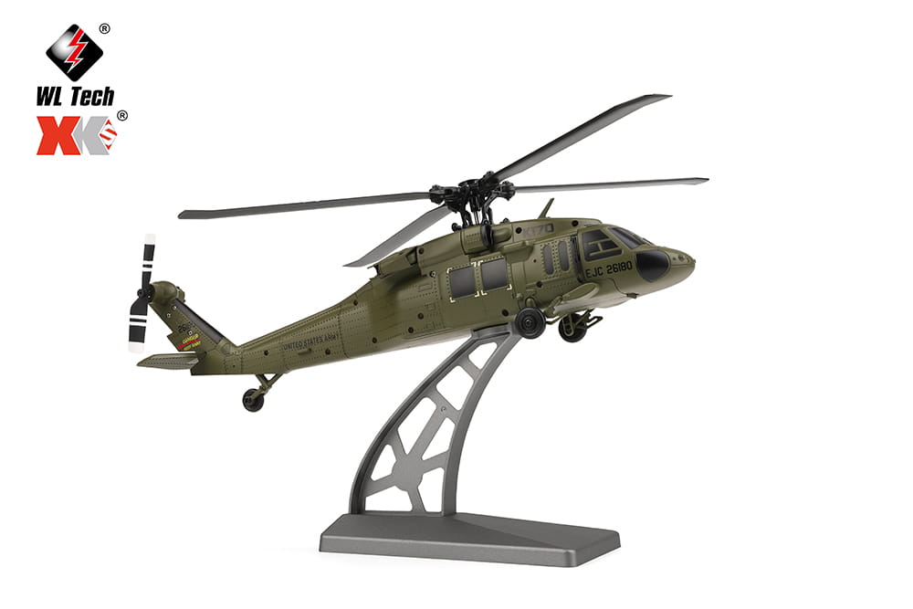 olive green metal model of wltoys k170 uh-60l remote control helicopter on display stand featuring 800mah 20c battery for extended flight time