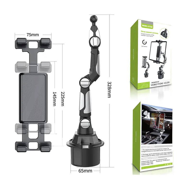 Black and silver adjustable car cup holder phone mount with articulated arm for 360 adjustable hands free stand use.