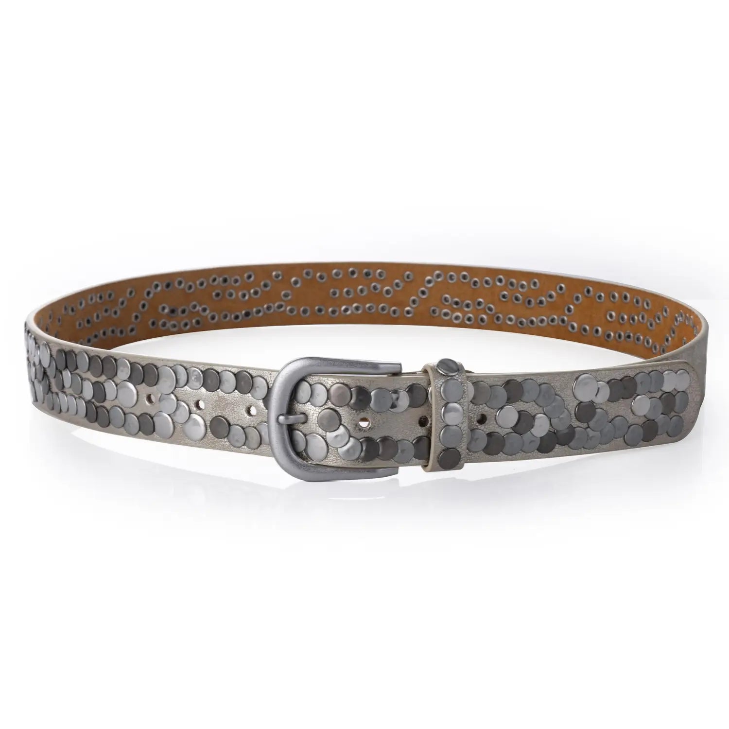 Ceinture punk en cuir clouté pour femmes, à tons argentés, présentant un motif de clous métalliques circulaires superposés et une boucle métallique assortie.