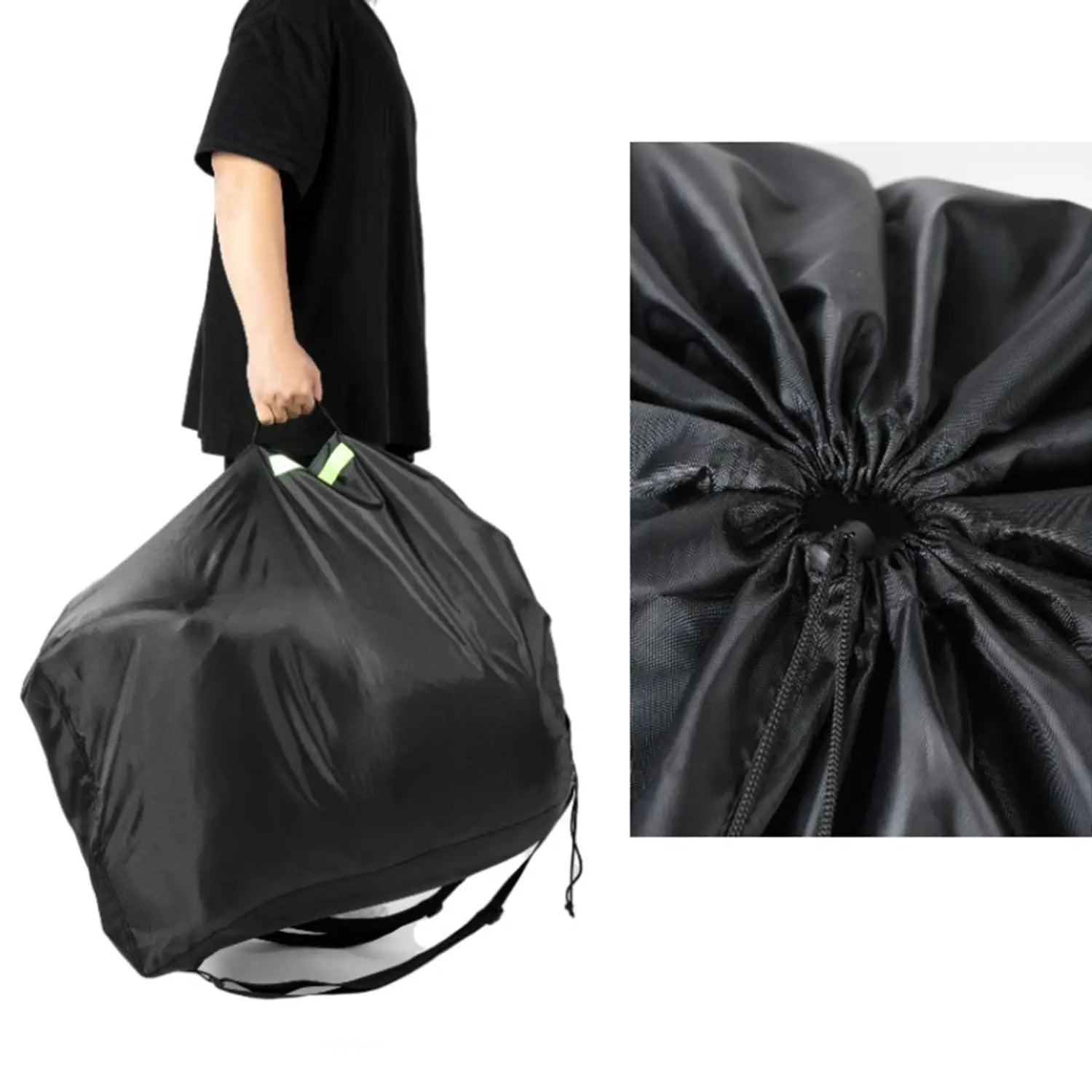 Schwarze Kordel-Kindersitz-Reise-Tasche aus glänzendem, leichtem Stoff mit verstärkter Naht am oberen Bereich für wasserdichten Aufbewahrungs- und Transportgebrauch.