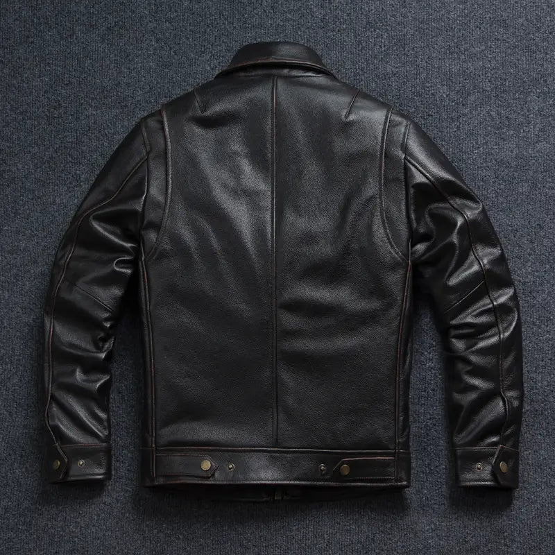 Black leather motorcycle jacket for men with a classic tailored fit, subtle stitching details, made from cowhide tea core material.