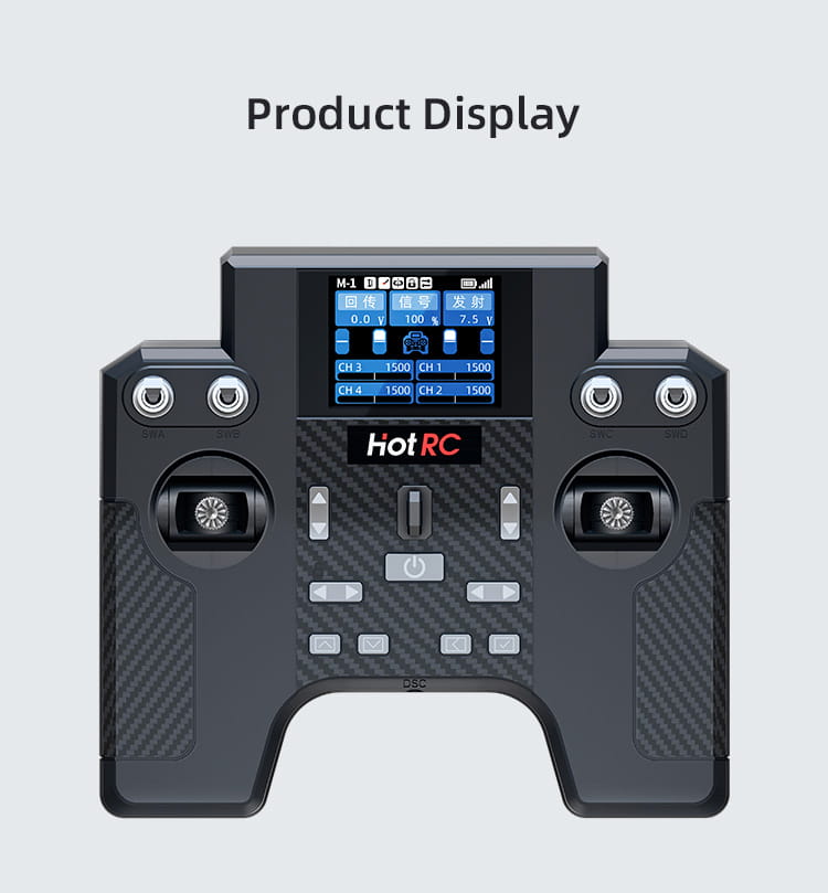 Ht-8a black hot rc brand remote control featuring a carbon fiber textured grip and a digital display screen.