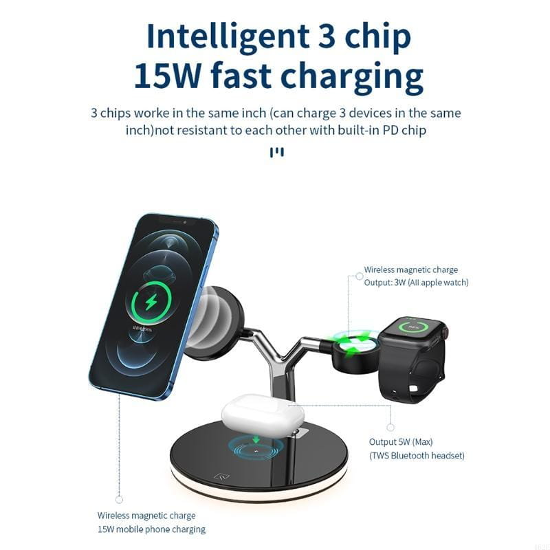Cargador inalámbrico magnético multifunción tres en uno negro con tres ranuras diferenciadas para teléfono, reloj y auriculares y potencia de salida de 15 W.