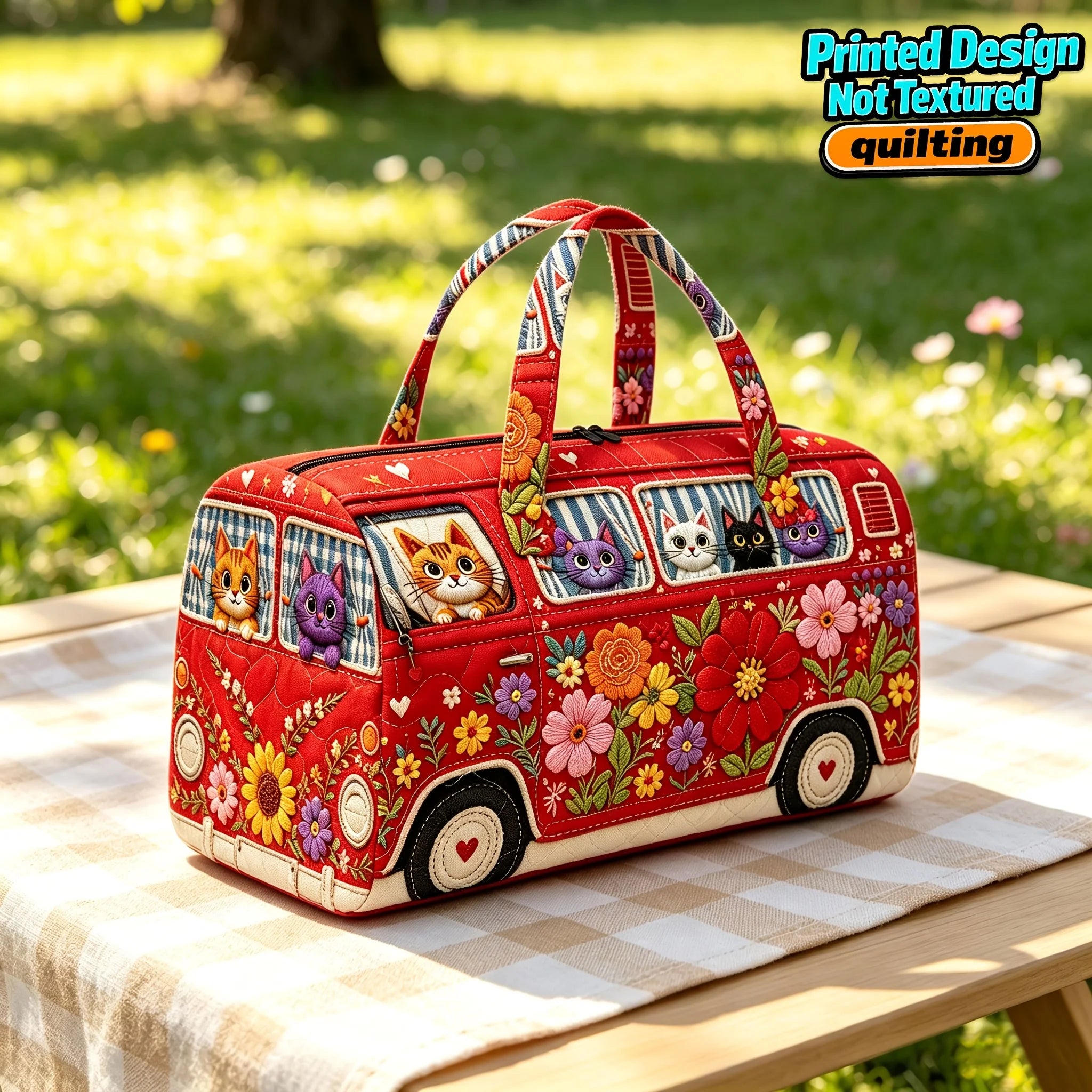 Una vibrante bolsa de viaje duffel acolchada roja, diseñada como una furgoneta vintage, con patrones florales coloridos y gatos de dibujos animados asomando por las ventanas.