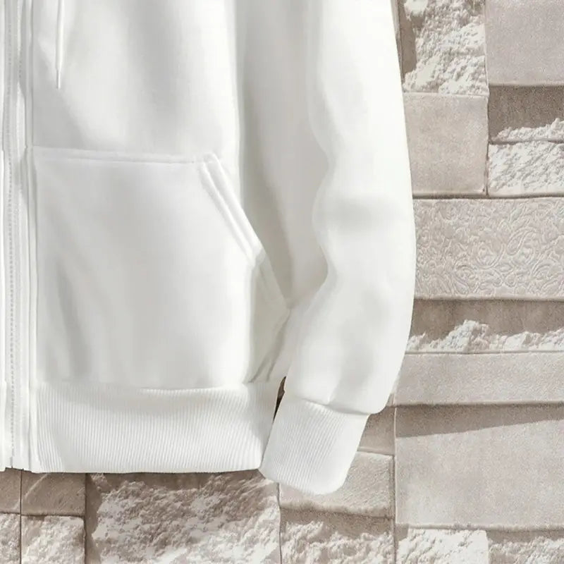 white zip up hoodie with ribbed cuffs and waistband made from cotton blend for casual wear
