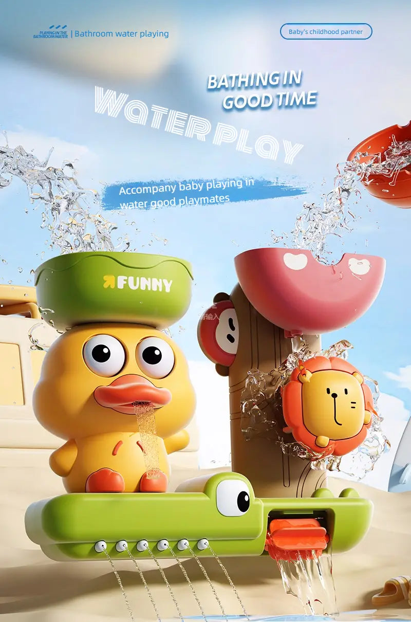 お子様用のバスタブ使用向けの、くちばしから水を噴射する遊び心のあるデザインが施された、緑とオレンジのアクセント付きの明るい黄色いアヒルのウォーターホイール・バストイです。