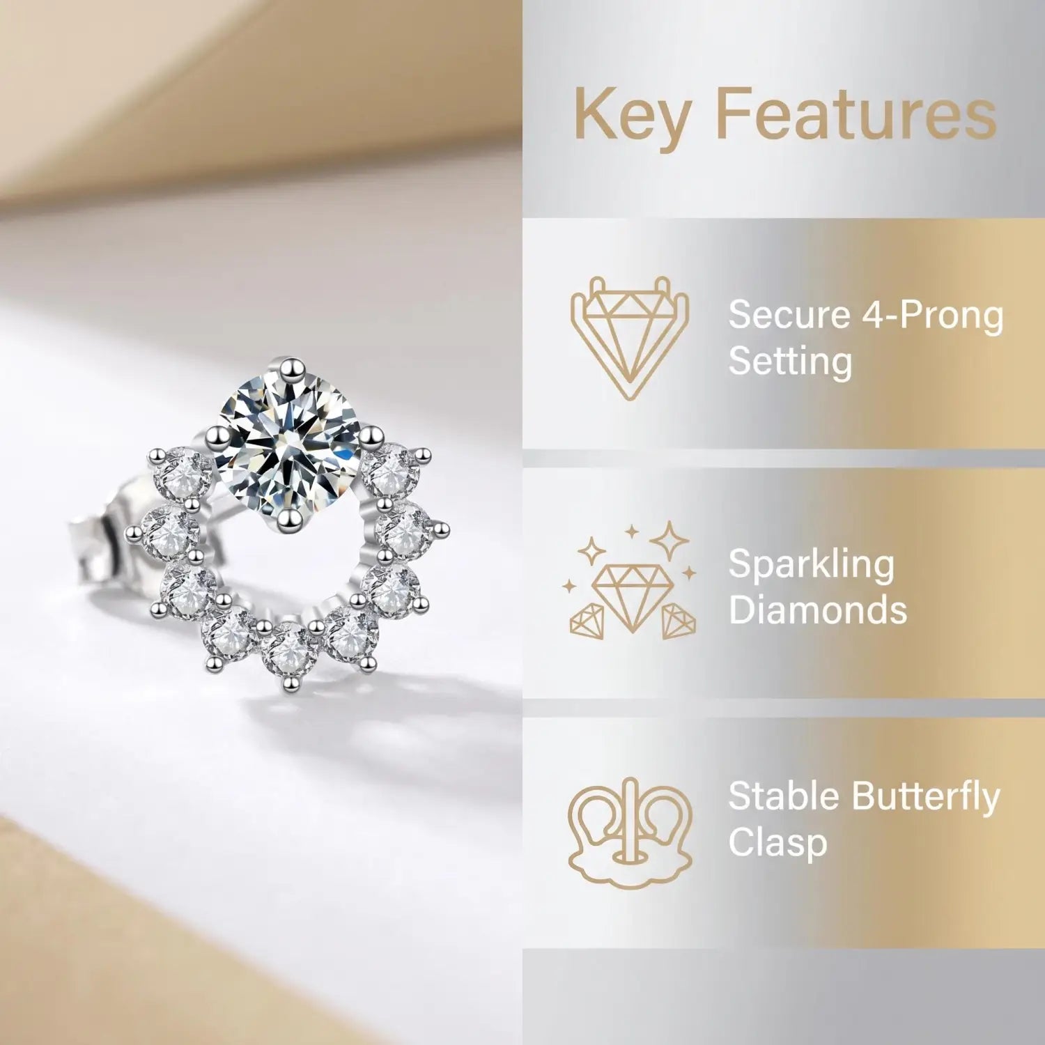 Boucle d’oreille clou en argent sterling sertie de zircons, présentant un diamant central étincelant entouré d’une couronne de plus petits diamants, avec un sertissage à 4 griffes et un fermoir papillon.