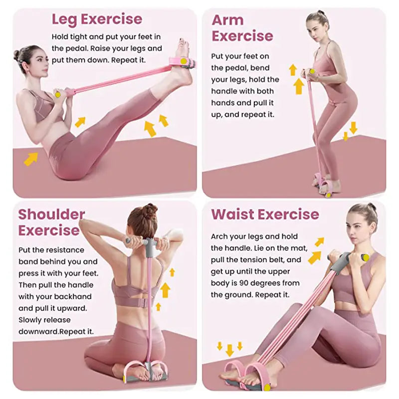 pink 4-tube resistance band pedal puller with gray handles and yellow accents for fitness equipment use