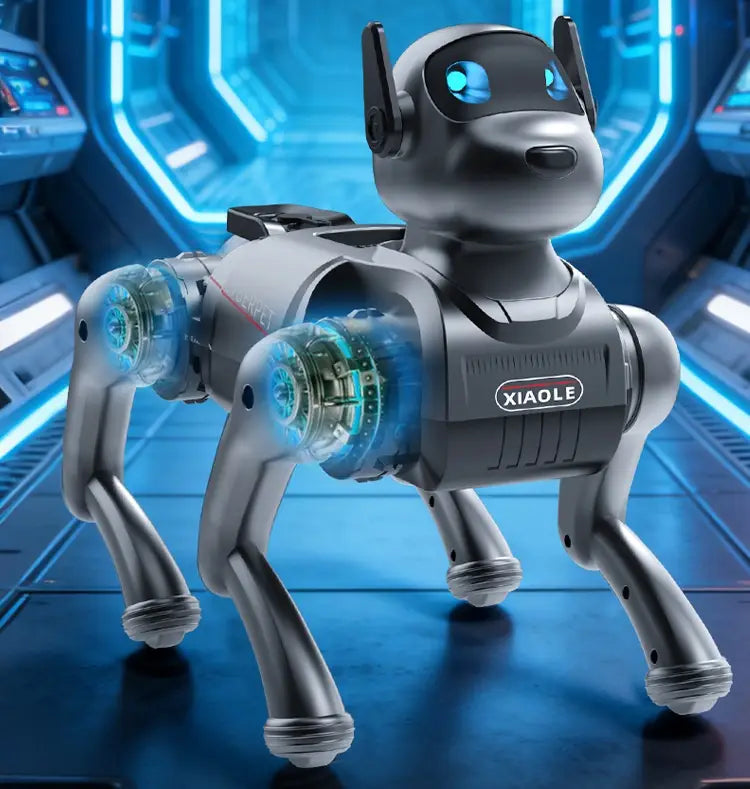 A sleek silver and black ai smart robot dog with glowing blue eyes and translucent joint housings designed as an interactive electronic pet.