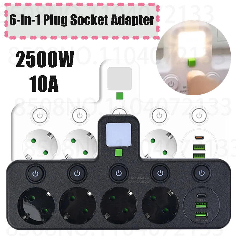 Wireless Wall Charger Socket with 3 AC Outlets +2 USB Ports+ 1 Type C 6-in-1 Plug Socket EU Plug Fast Charging power board