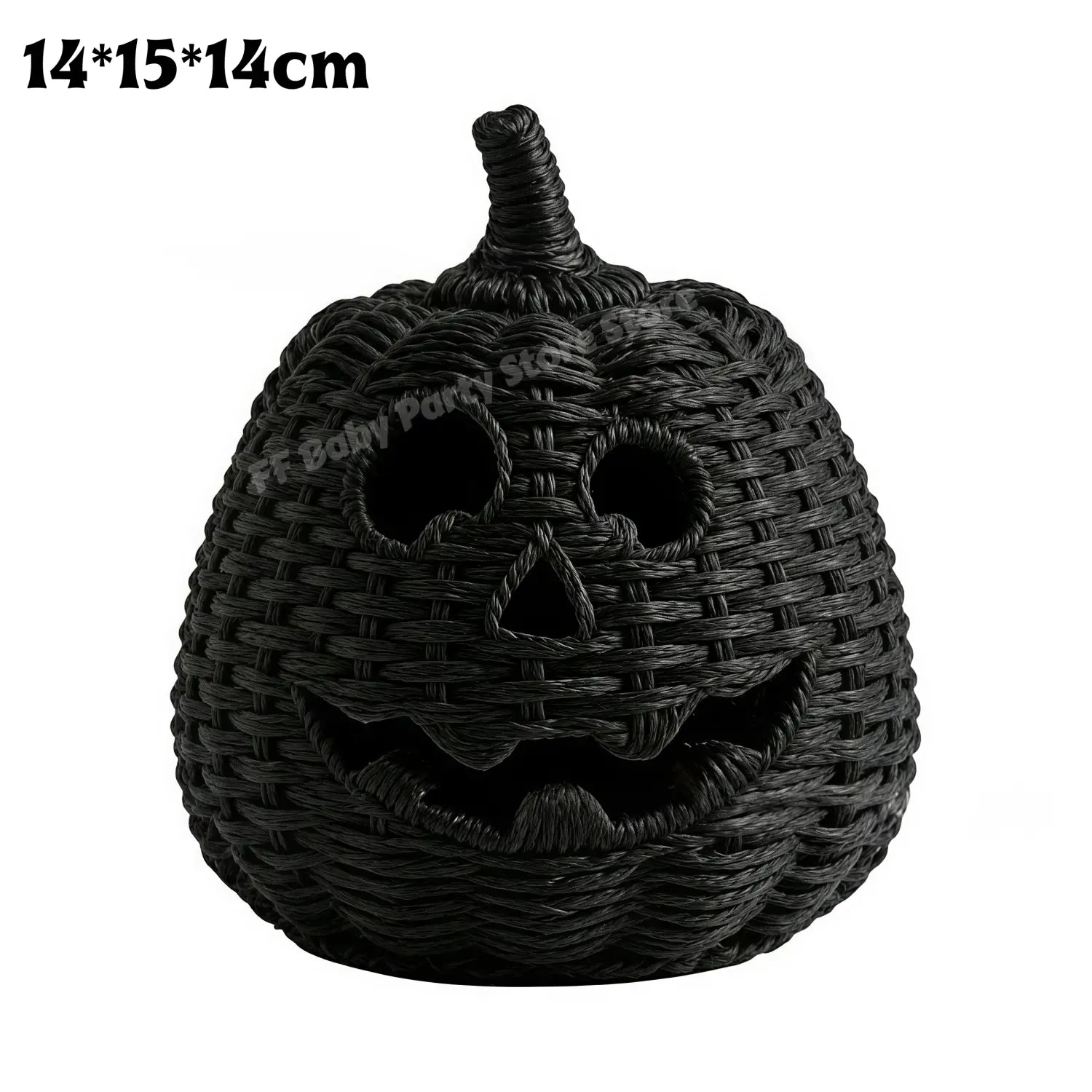 Schwarze geflochtene Kürbislaterne mit geschnitzten Gesichtszügen und Hexenhut-Dekoration aus Weidengeflecht für die Halloween-Ausstellung