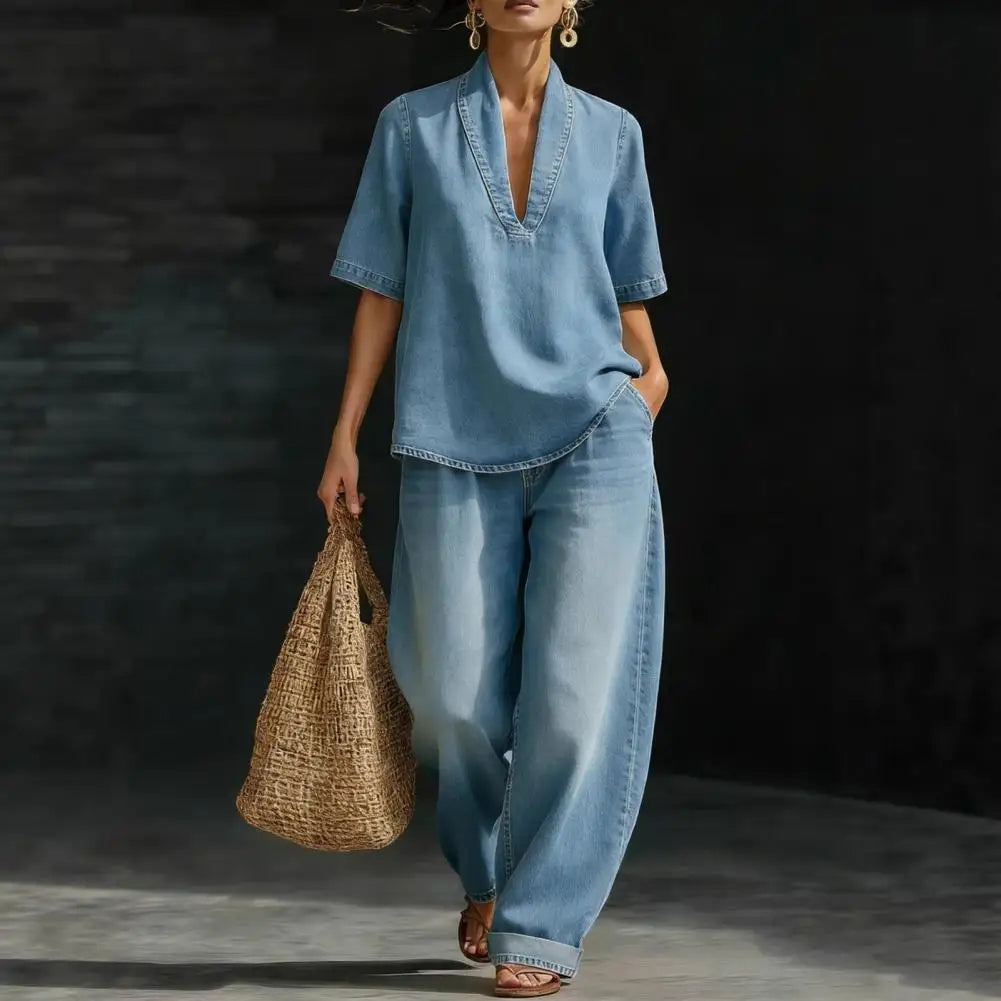 Women's 2 Piece Denim Outfit Summer Short Sleeve V Neck Lapel Top Wide Leg Pants With Pockets Casual Vacation Sets