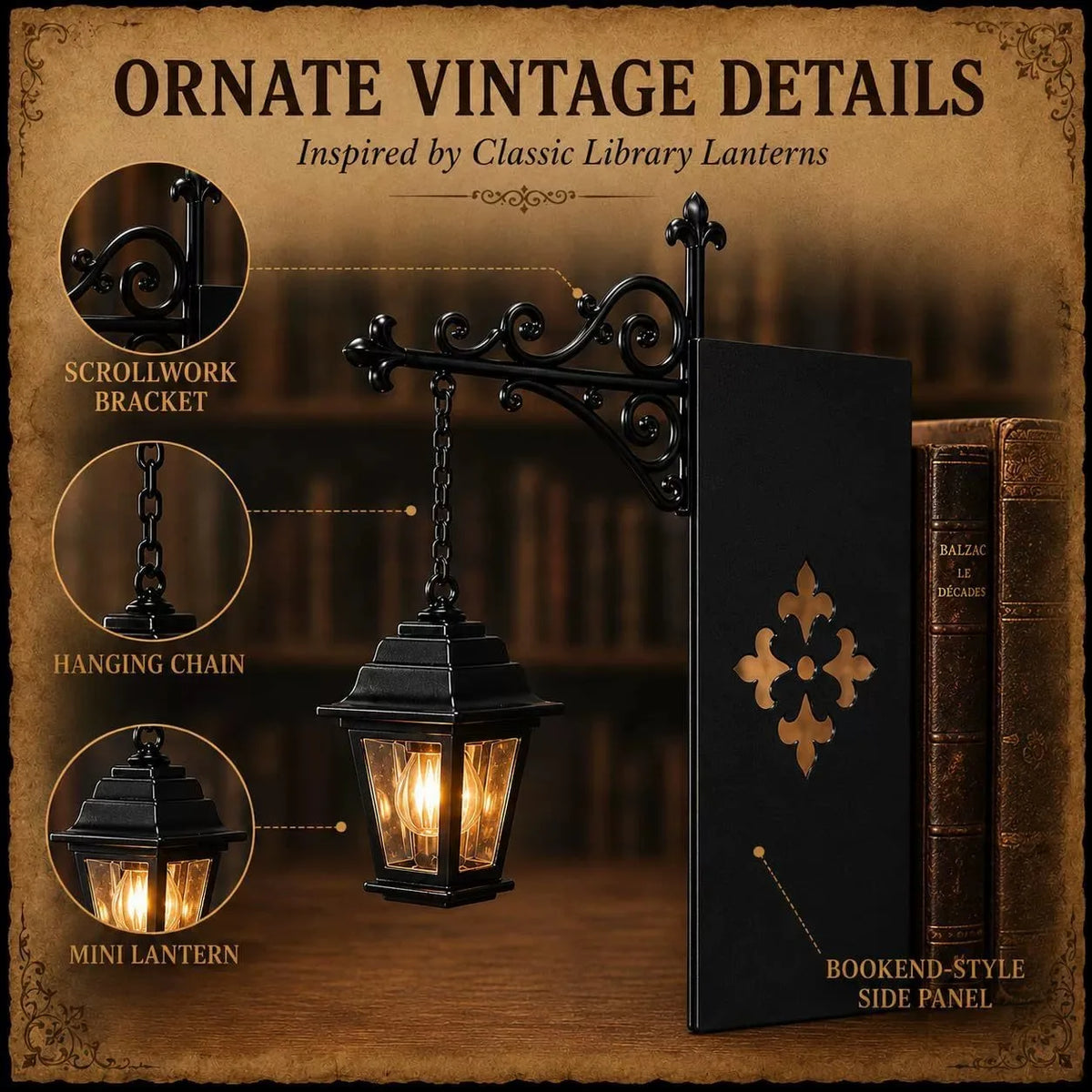 Ghost Bookshelf Lantern Vintage Hanging Mini Library Lamp Scrollwork Bracket Bookend Style Decor Light Warm Ornate Desk Lighting