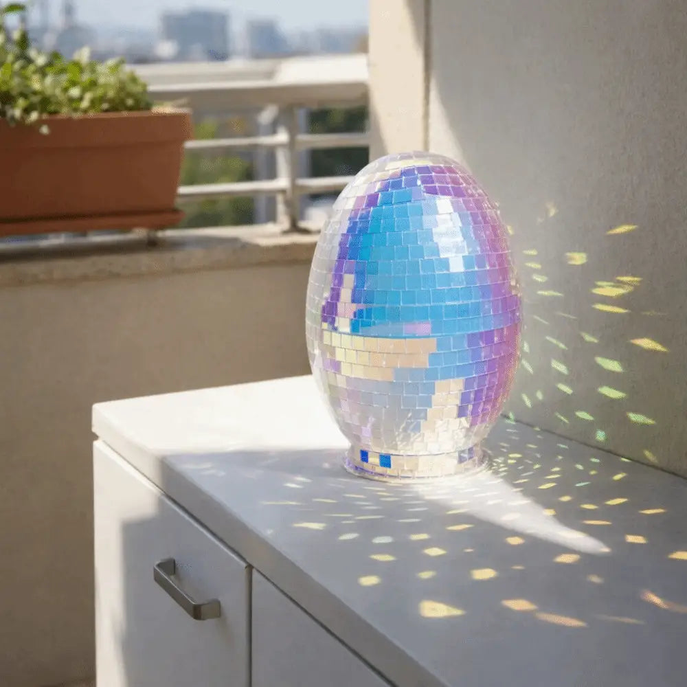 Iridescent glass disco egg ball ornament featuring a shimmering egg-shaped lamp with a mosaic of iridescent blue and purple mirrored tiles.