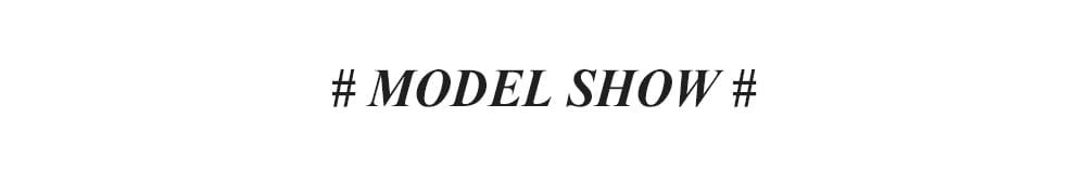 セリフ体の書体で背面にストライプ柄合成繊維素材の女性用シャツの上に「model show」を黒色のハッシュタグ付きテキストで表記したもの。