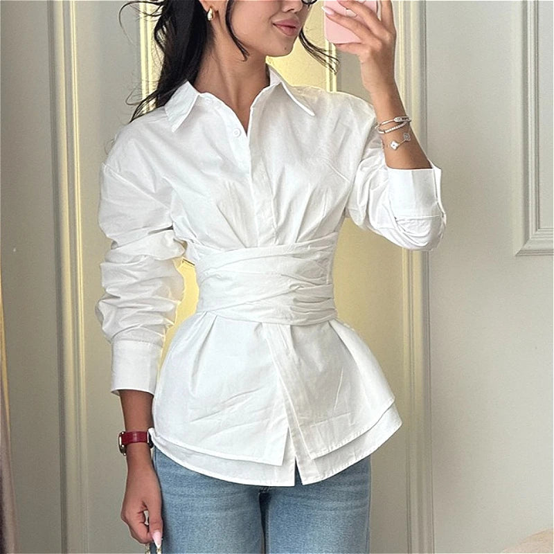 Women White Blouses Shirt Vintage Turn Down Collar Full Sleeve Tops Tight Waist Y2k Streetwear Elegant Splice Shirts 2026 Spring