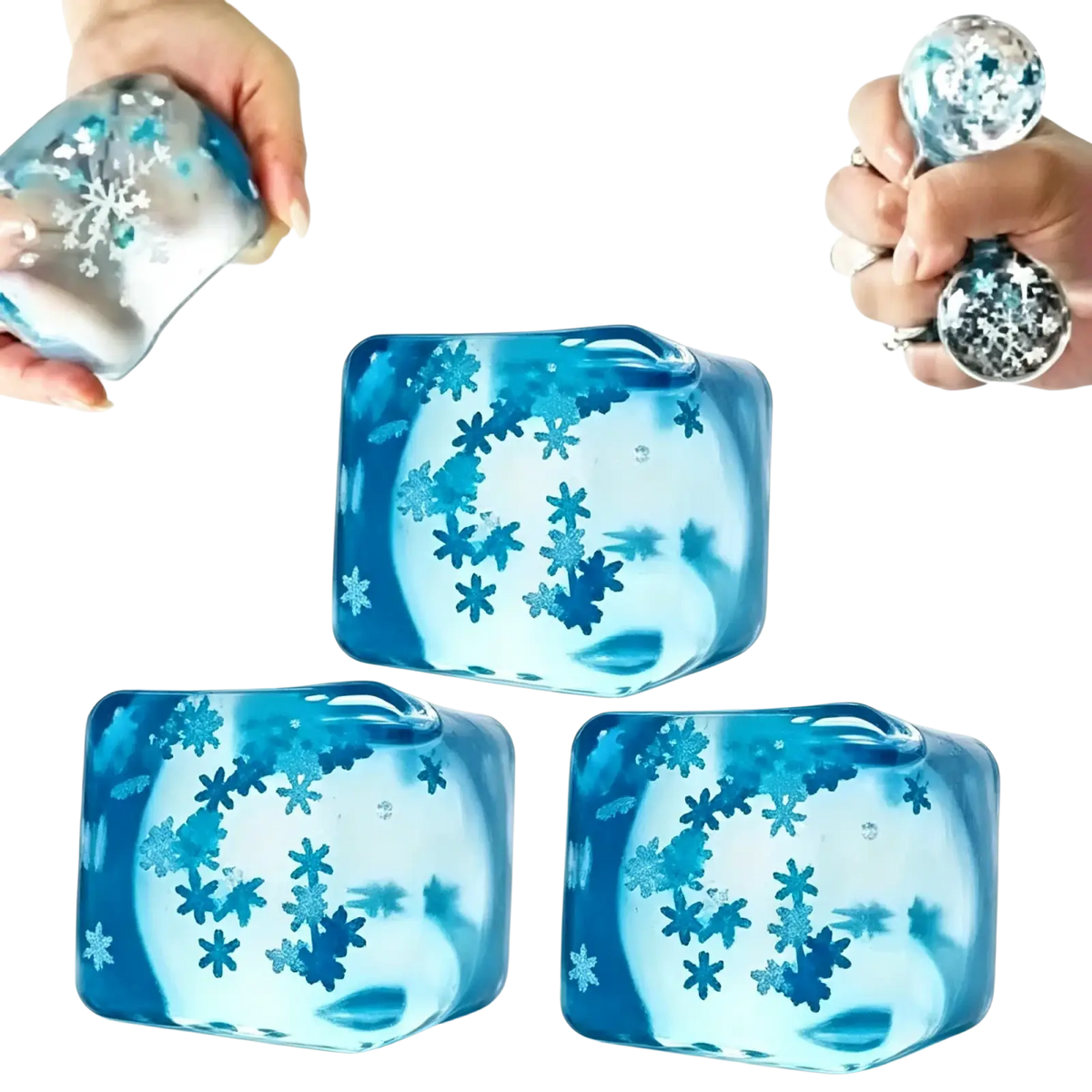 Blue translucent ice cube stress ball with embedded silver snowflake glitter shown from front angle