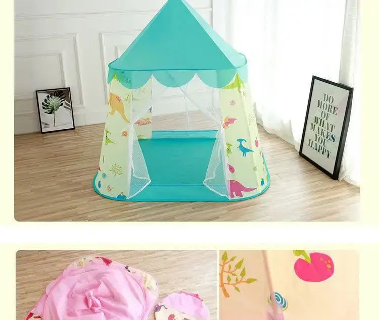 Tente de jeu pour enfants dinosaures turquoise et crème, avec un design de château pliable et des impressions de dinosaures sur des panneaux de tissu.