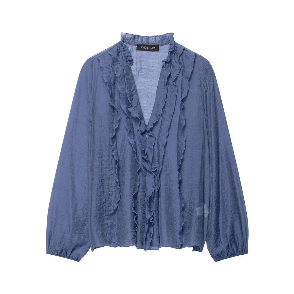Willshela Women Fashion Ruffled Pleated Single Breasted Blouse Vintage V-Neck Long Sleeves Female Chic Lady Shirts