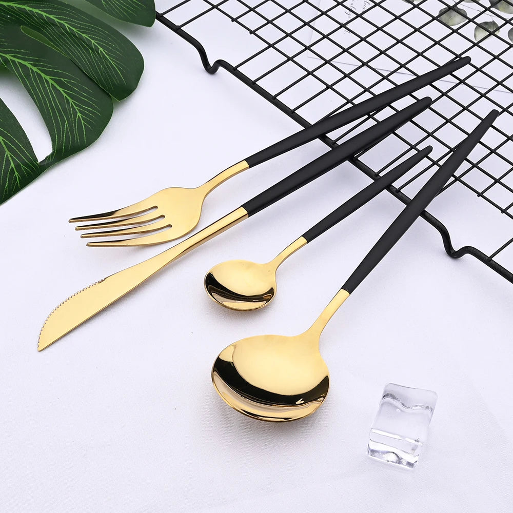 Stainless Steel Tableware 24-Piece Set Knife, Fork and Spoon Set Western Tableware 6 People Black Spoon Fork