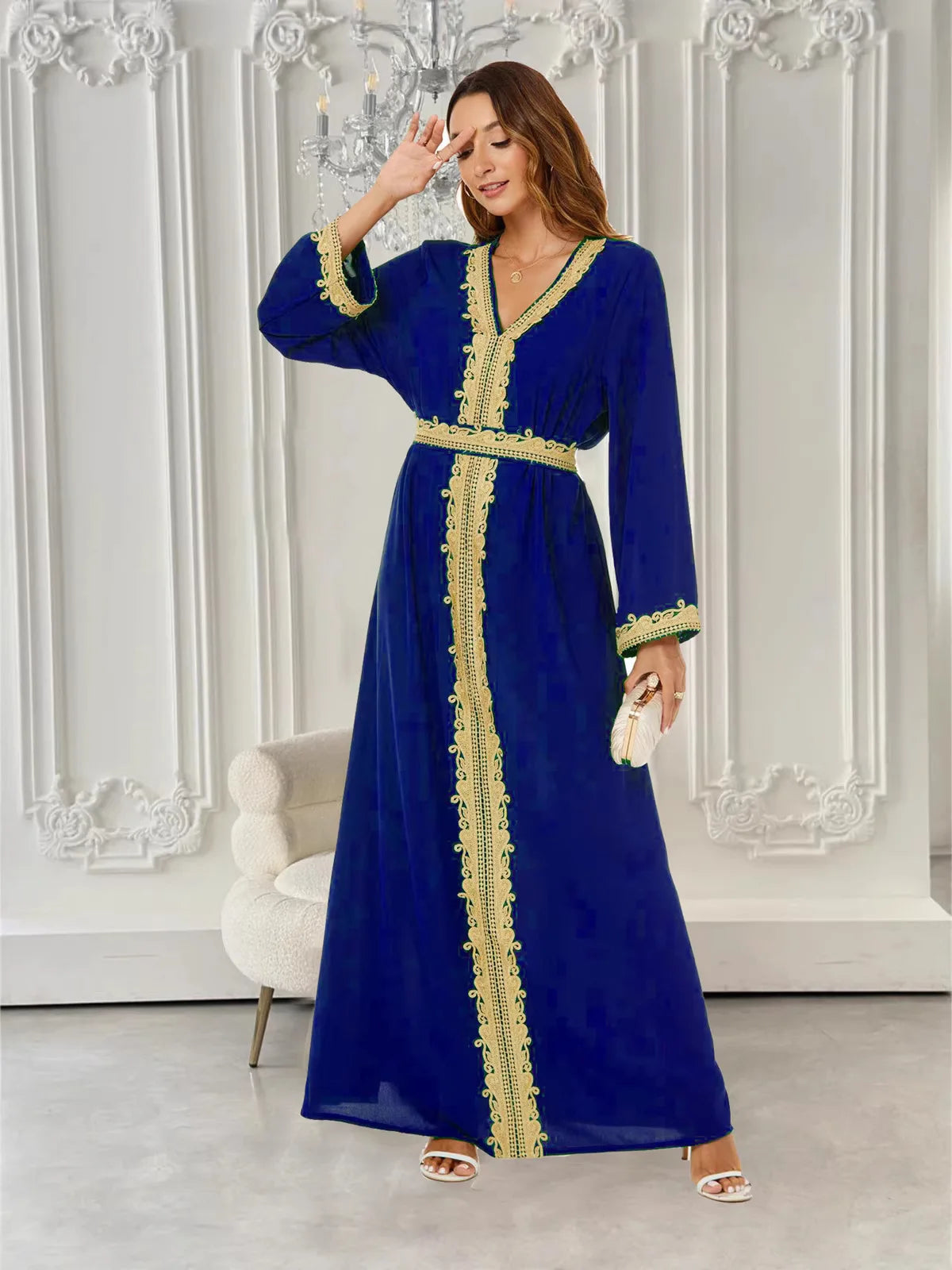 Gold Thread Lace Embroidery V-neck Waist Tied Dress Luxurious Elegant Ethnic Style Dignified Daily Gatherings Long Sleeved Robe