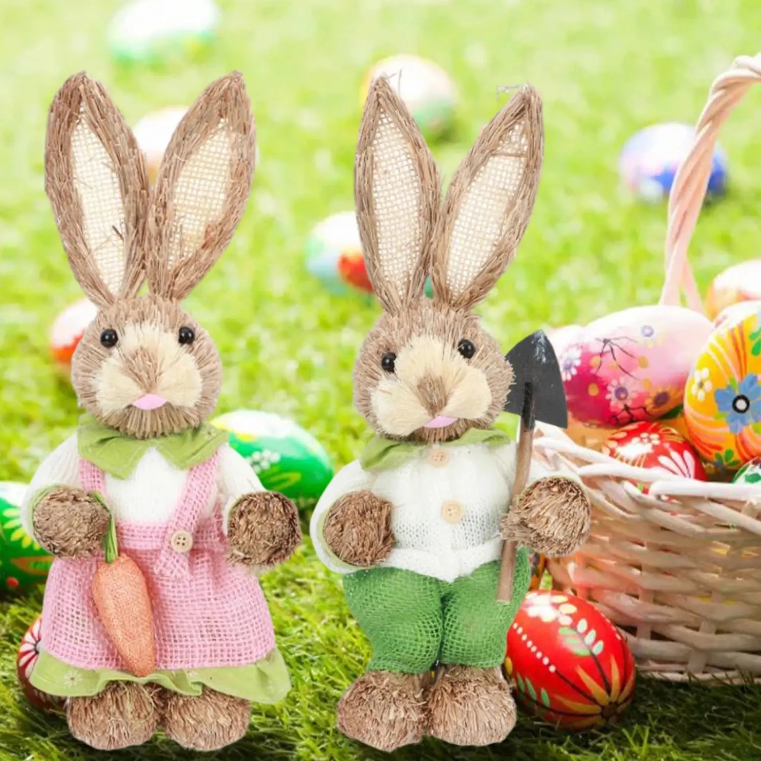 Two 35cm straw Easter rabbit figurines, one dressed in a pink apron holding a carrot and the other in green pants with a shovel, featuring a rustic design.