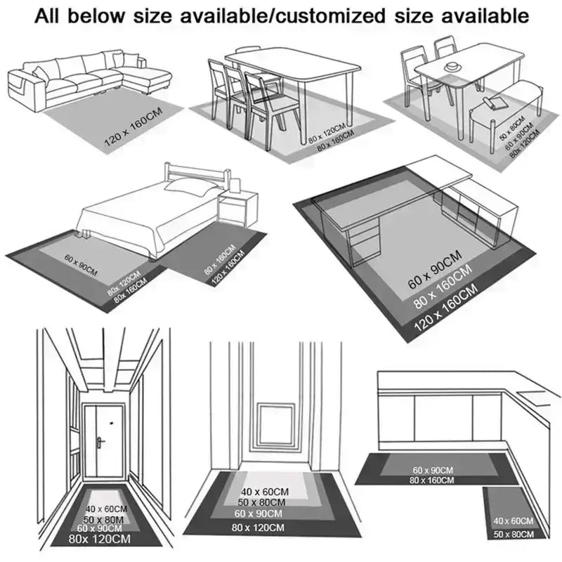Alfombra de área rectangular con notas musicales en negro y blanco, con dimensiones y patrones variables, diseñada para distribuciones de la sala de estar.