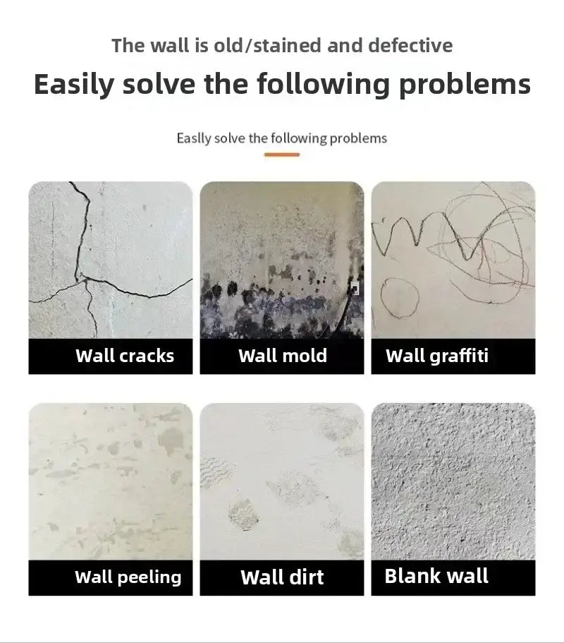 La imagen muestra seis tipos de defectos en la pared, incluyendo grietas, moho, graffiti, desprendimiento y suciedad, junto con pegatinas para azulejos con respaldo adhesivo diseñadas como paneles de mármol autoadhesivos impermeables para protección y decoración de paredes.
