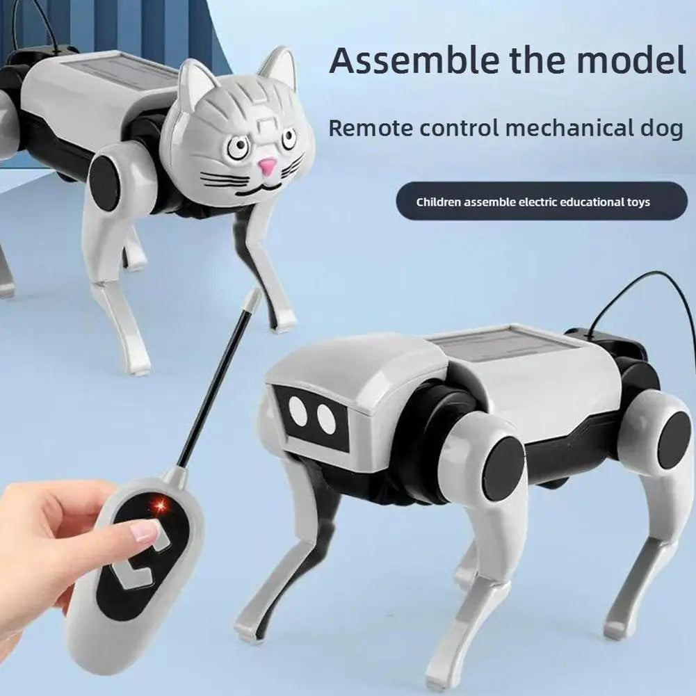 White and black mechanical dog toy with solar panel on back designed as a diy robot dog walking electronic pet.