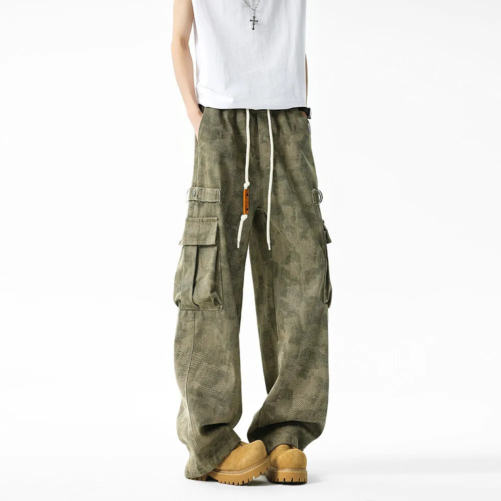 Men Military Camo Workwear Cargo Pants Elastic Waistband Drawstring Tactical Joggers Loose Straight Leg Big Side Pockets Outdoor