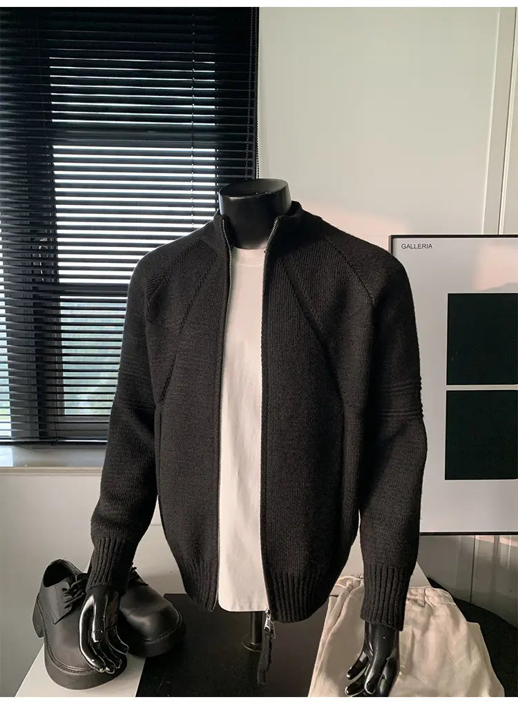 Black knit bomber jacket with ribbed cuffs and hem displayed on a mannequin, mens knit cardigan sweater full zip available in size shoulder chest length from m to 3xl.