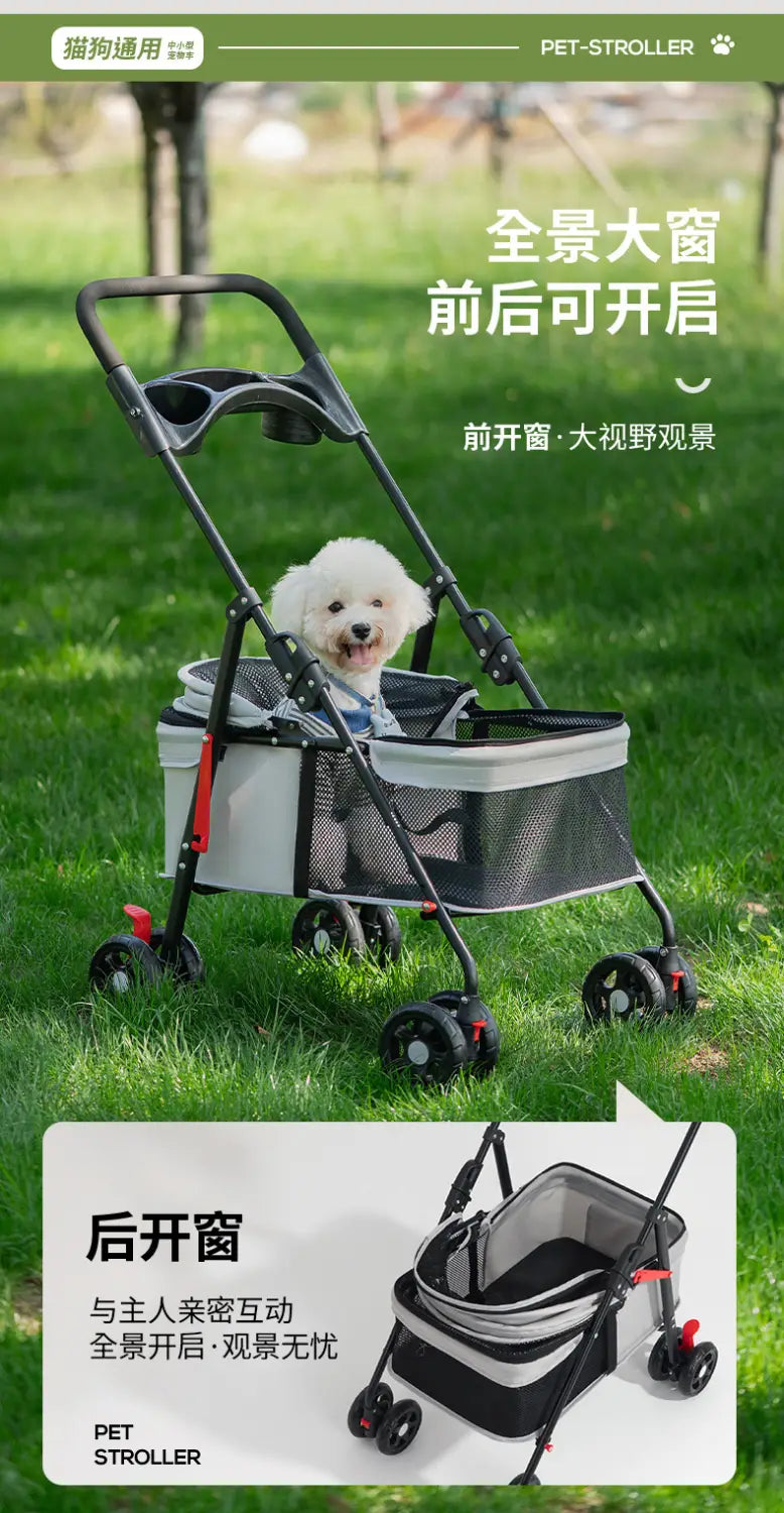 Carrito plegable para mascotas para perros y gatos pequeños de color negro y gris, con laterales de malla, cuatro ruedas y un manillar para empujar con facilidad.