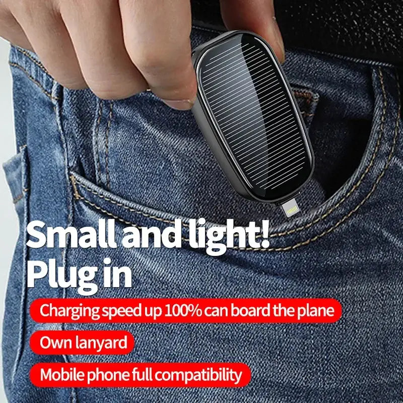 Black solar-powered power bank key ring portable charger with a sleek rectangular design and glossy finish for convenient mobile device charging
