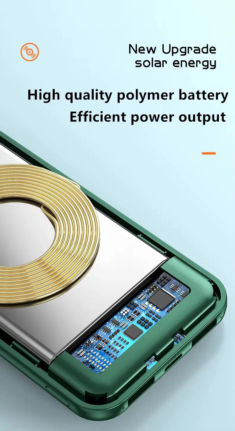 Chargeur rapide sans fil couleur vert à l’arrière, avec batterie Li-polymère haute qualité visible et bobine de couleur cuivre pour une charge rapide et une connectivité micro USB.