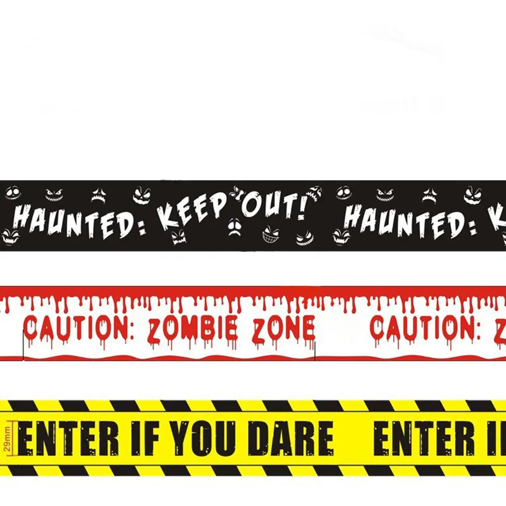 three halloween caution tape strips in black with white spooky faces and text, red with dripping blood effects and caution zombie zone text, and yellow with bold black stripes and enter if you dare phrase, designed as warning tape for spooky party barriers.