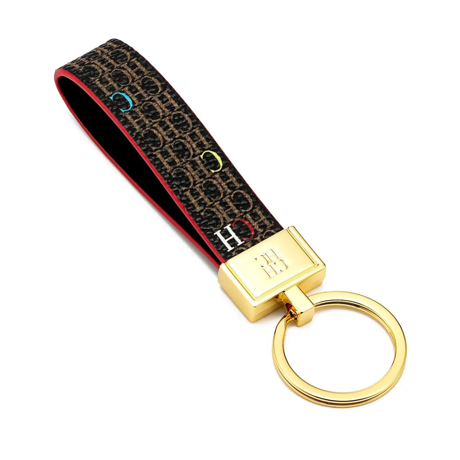 Leather logo keychain designer fashion accessory featuring a gold-tone key ring and a black fabric strap with a repeating monogram pattern and colorful letter accents.