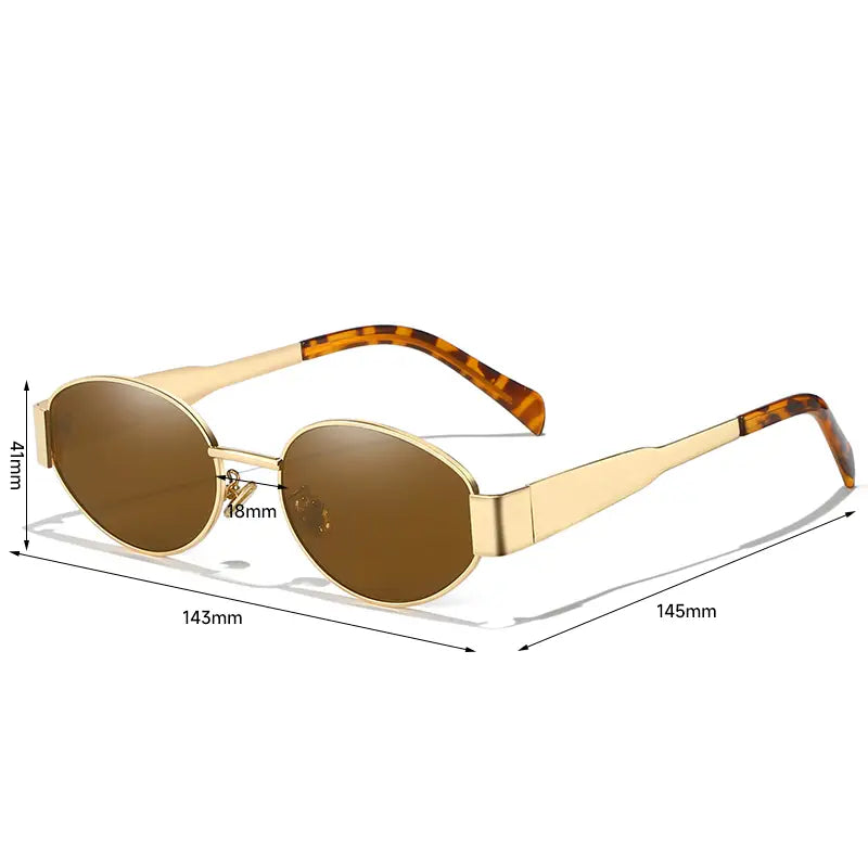 Gafas de sol ovaladas para mujer y hombre con monturas en tono dorado, puntas de patillas con patrón tipo carey y lentes espejadas marrones.