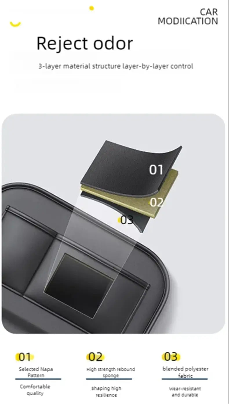 Organisateur de dossier de siège de voiture en cuir noir et porte-mouchoirs, présentant une structure en trois couches avec du cuir nappa sélectionné, une mousse à rebond haute résistance et un tissu en polyester mélangé.