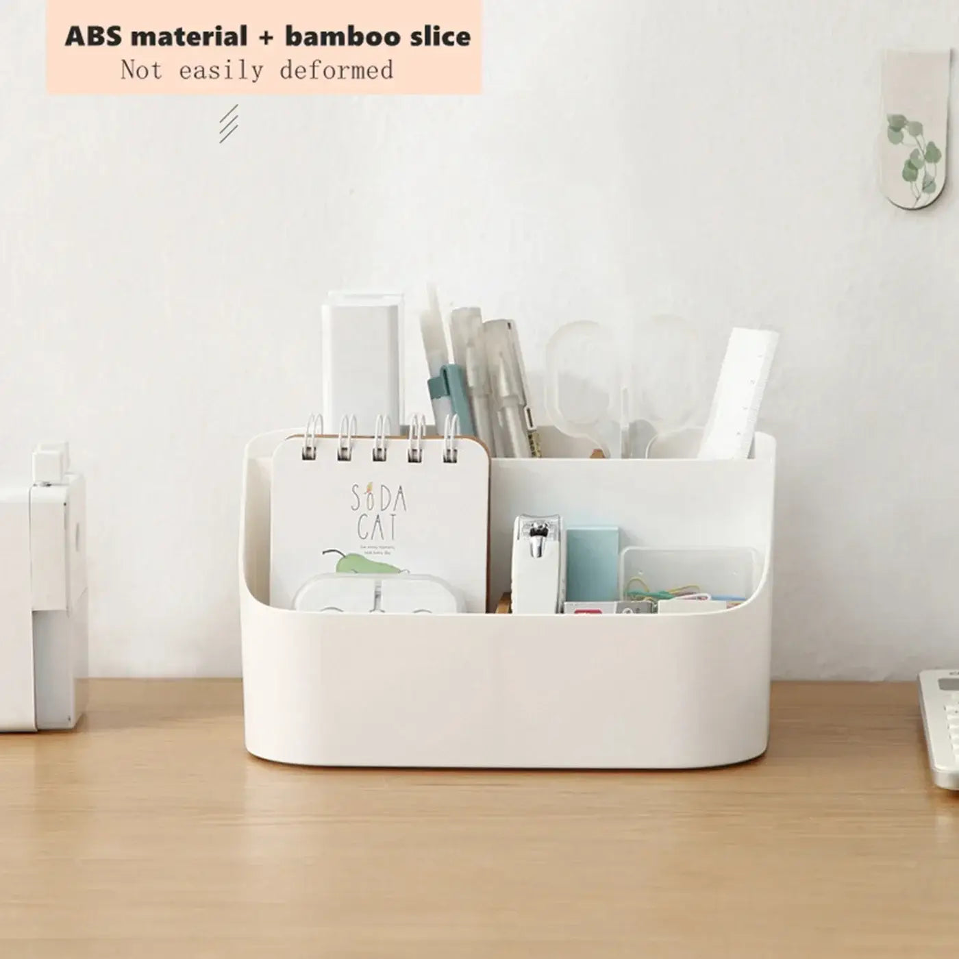 White plastic desk organizer and makeup brush holder made of abs material and bamboo slice with multiple compartments and integrated slots for pens notebooks and office supplies in a sleek modern design.