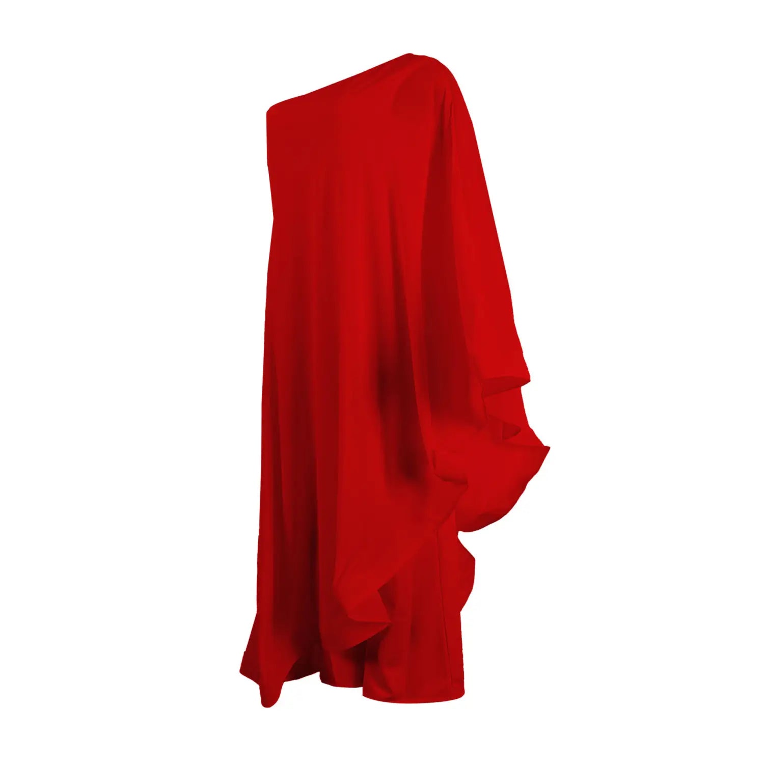 Ein leuchtend rotes drapiertes Kleid mit einer Schulter, mit fließendem Stoff und einer lockeren asymmetrischen Silhouette aus elegantem Chiffonmaterial.