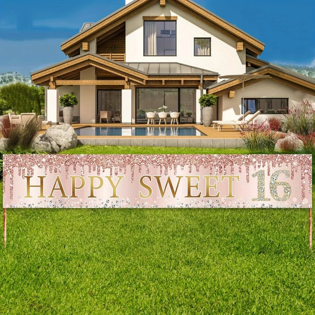 16th Birthday "Happy and Sweet Party Banner - Polyester interior/Exterior decoration, with flash design, birthday party.