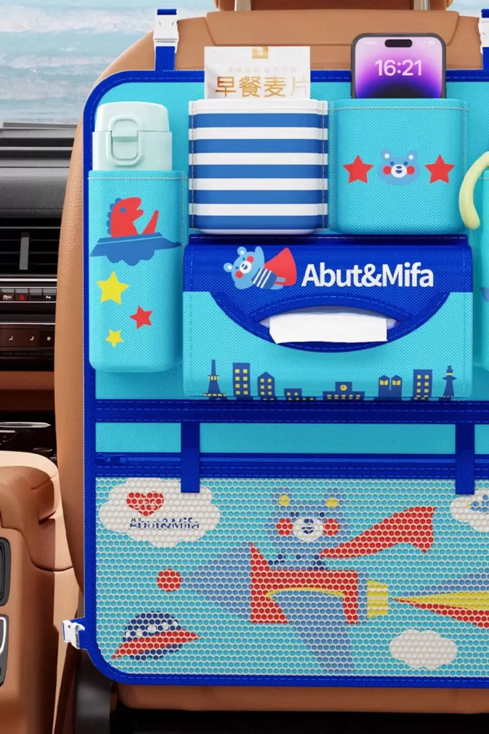 blue abut mifa car seat organizer with cartoon animal alphabet designs and multiple compartments for storage and organization