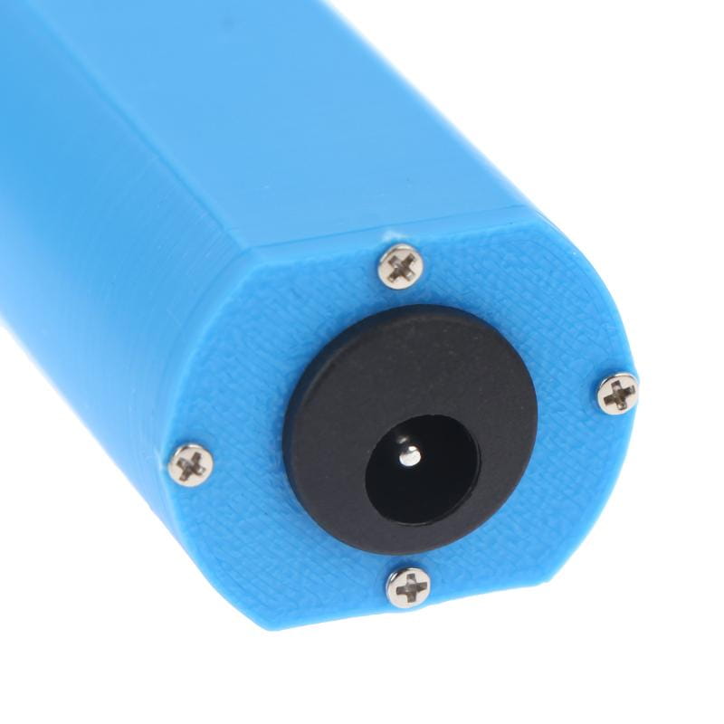 blue cylindrical mini usb electric hand drill for jewelry resin diy with black circular opening and four silver screws securing its end cap