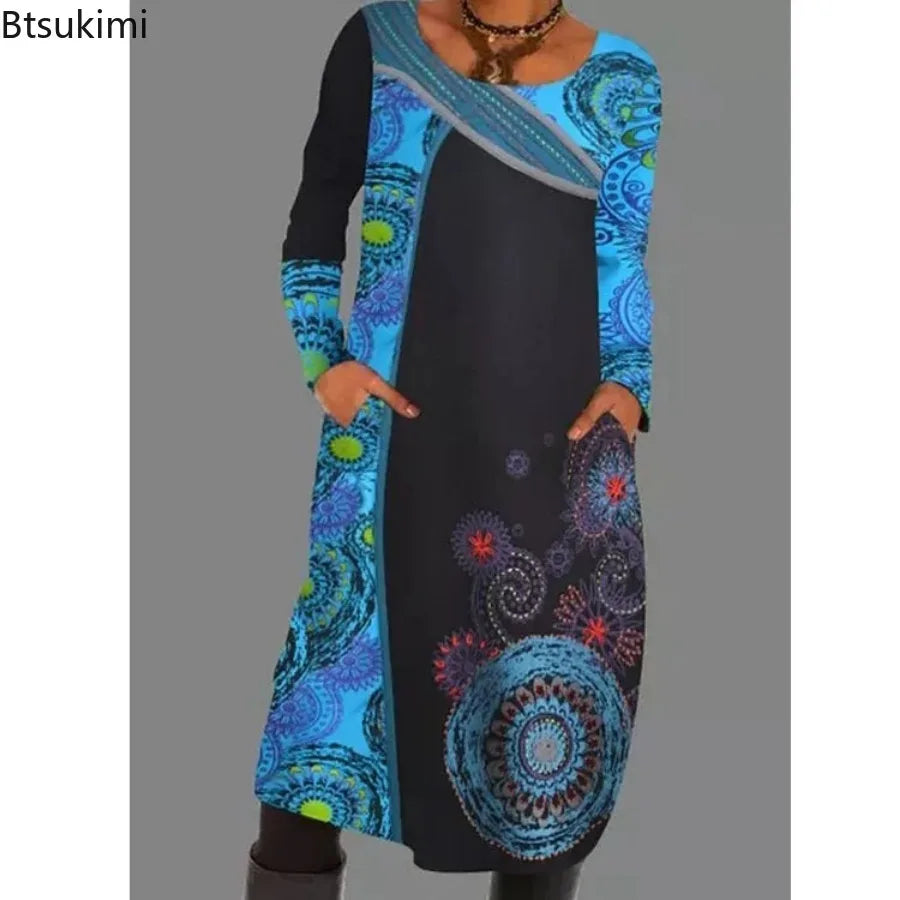 Ethnic Style Casual Dresses Women's Loose Vintage Ruffles Midi Dress Spring Autumn Long Sleeve Boho Printed Party Pocket Dress