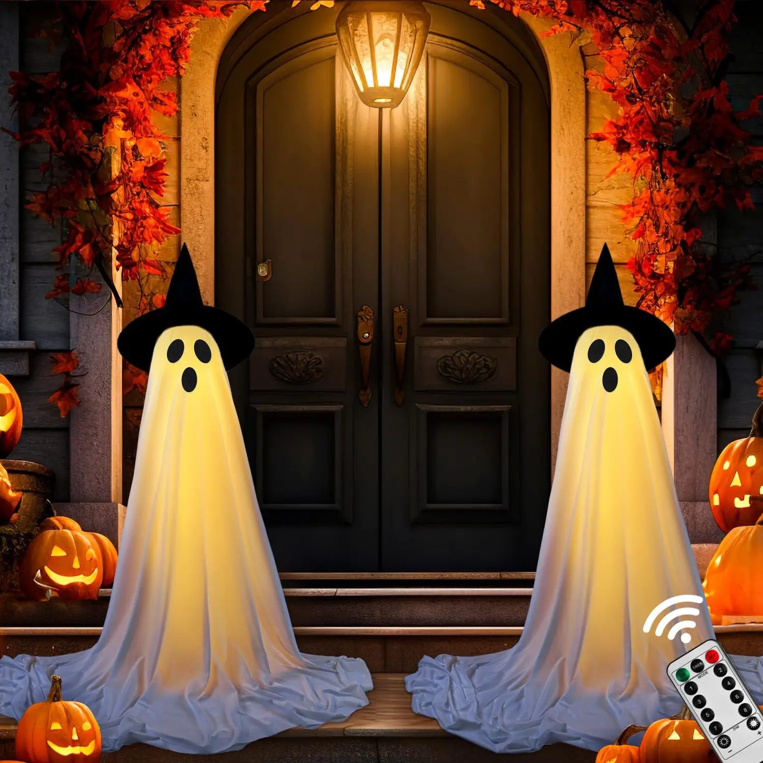Two illuminated translucent white standing ghost decorations with black witch hats and simple facial features placed symmetrically on either side of a dark front door for Halloween decor.