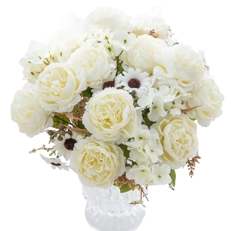 Elegant white artificial flowers silk Persian peony bouquet with cream accents in crystal vase for home decoration and send flowers