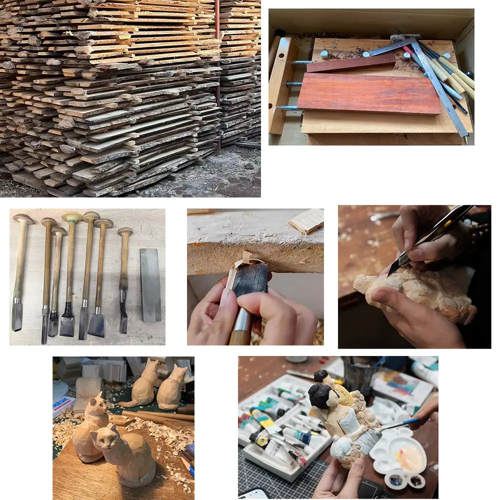 handcrafted wooden cat figurine desk decor shown with wooden carving tools and finished figurines in various stages of craftsmanship representing actual product factory direct quality.