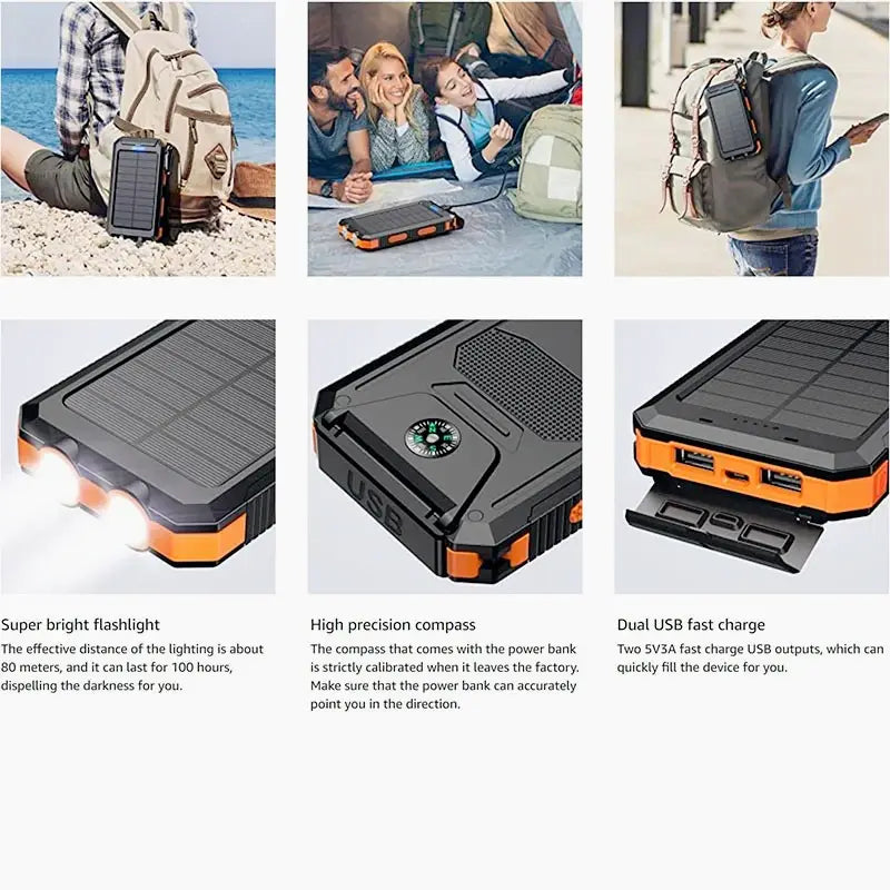 Black and orange rugged solar power bank 20000mAh portable charger with built-in flashlight compass and dual USB fast charge ports.