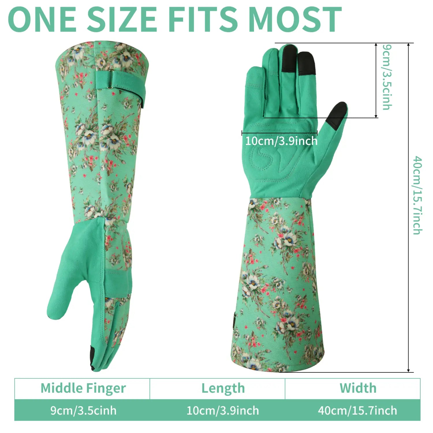 Longs gants de jardinage floraux vert turquoise pour femmes, avec matériau respirant anti-épines et extrémités des doigts noires, présentés du côté arrière.
