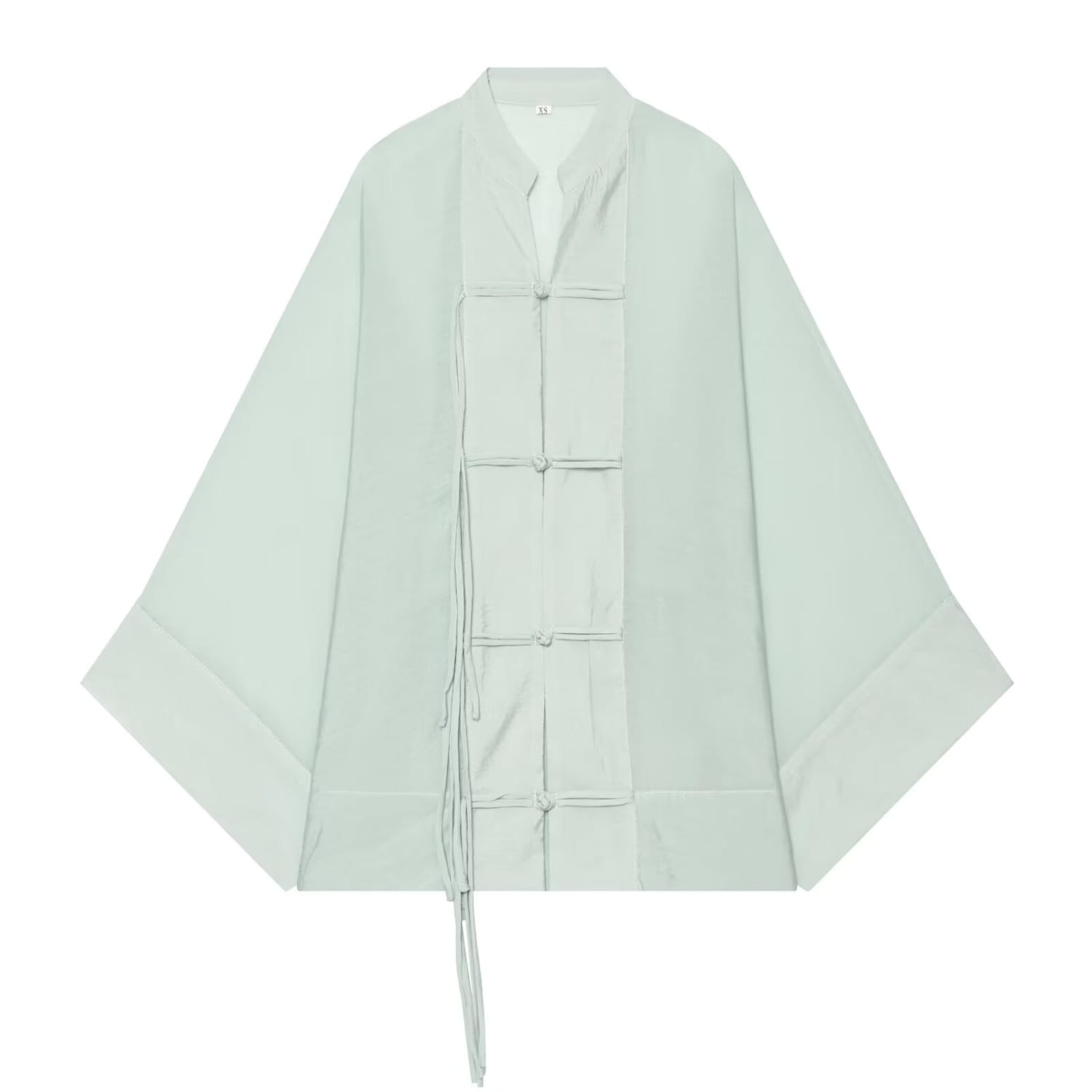 Veste traditionnelle chinoise vert menthe pâle ample à manches amples et liens assortis en tissu, adaptée comme chemise décontractée pour un usage quotidien